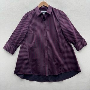 Foxcroft Women’s 10 Purple Stripe Button Down Shirt Heritage Non Iron Hi Low Hem